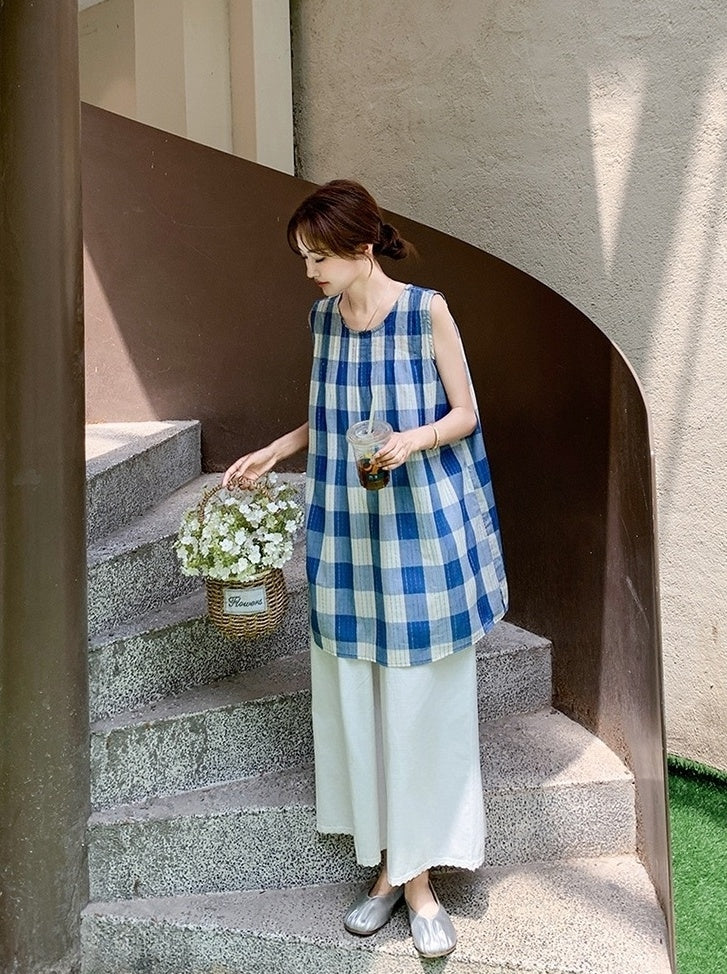 Blue Plaid Sleeveless Top And Wide Leg Pants Set