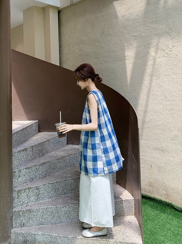 Blue Plaid Sleeveless Top And Wide Leg Pants Set