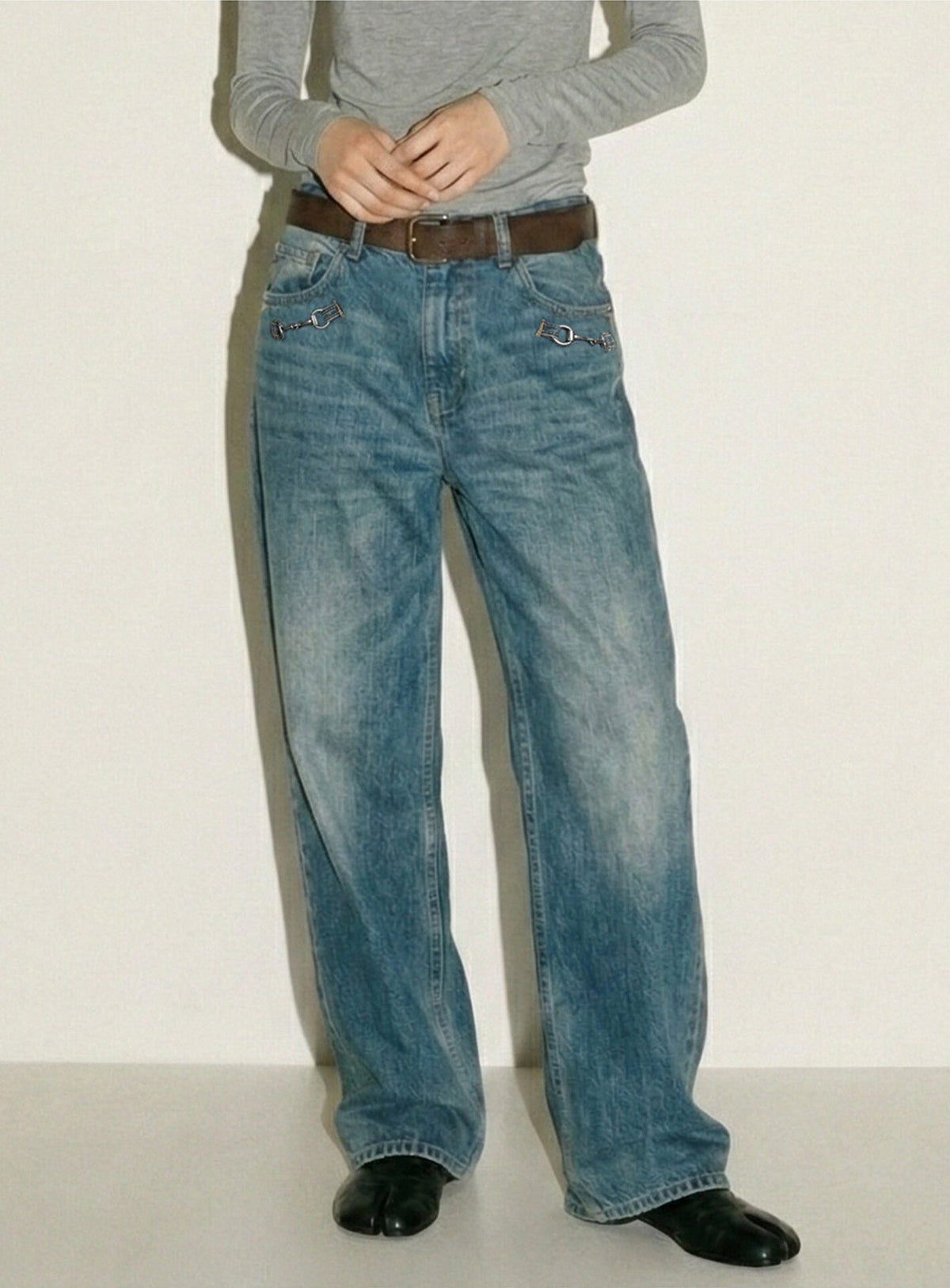 Blue Pocket Buckle Details Jeans