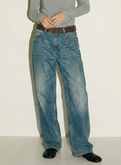 Blue Pocket Buckle Details Jeans