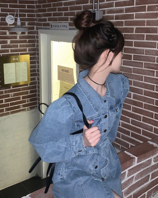 Blue Puff Sleeve Belted Denim Dress