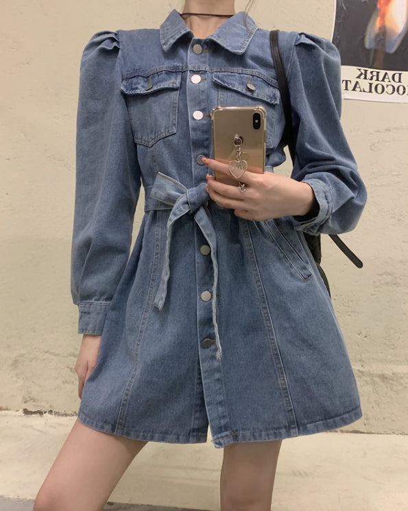 Blue Puff Sleeve Belted Denim Dress