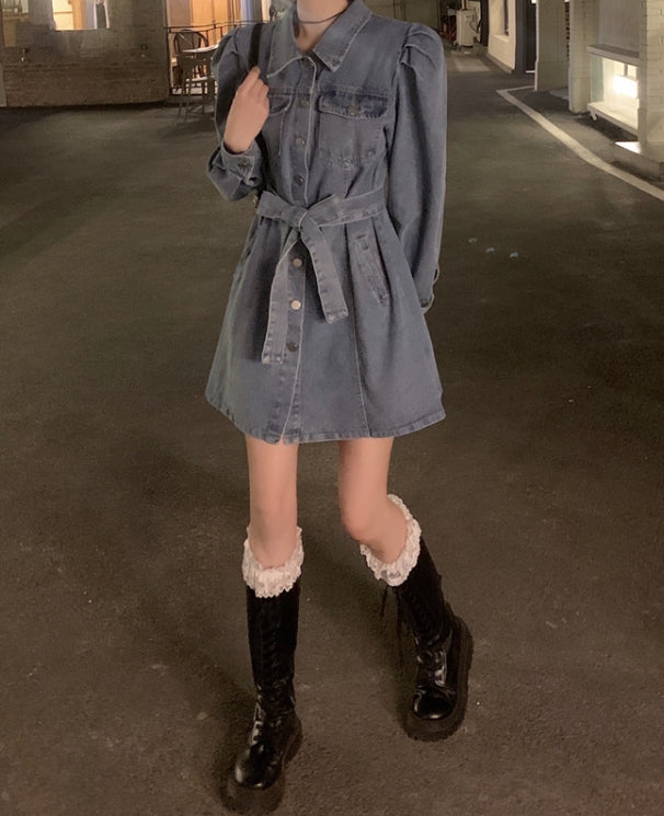 Blue Puff Sleeve Belted Denim Dress
