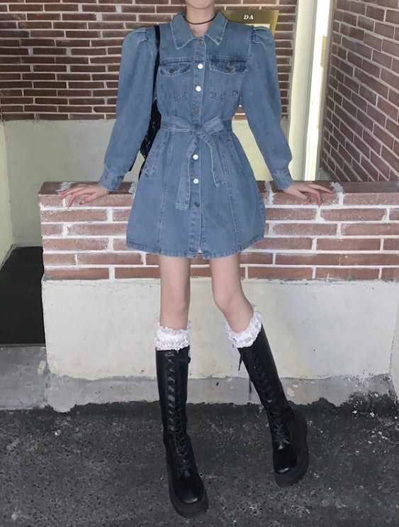 Blue Puff Sleeve Belted Denim Dress