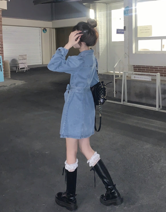 Blue Puff Sleeve Belted Denim Dress