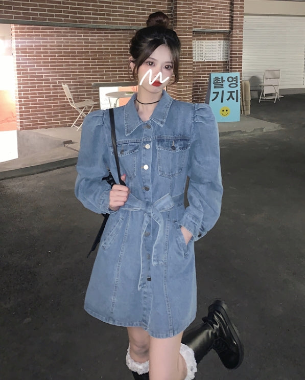 Blue Puff Sleeve Belted Denim Dress