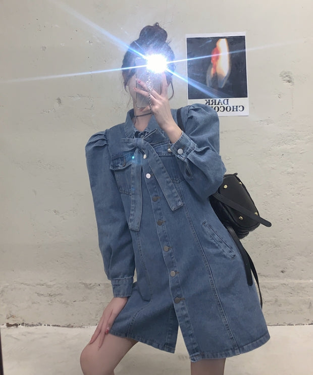 Blue Puff Sleeve Belted Denim Dress