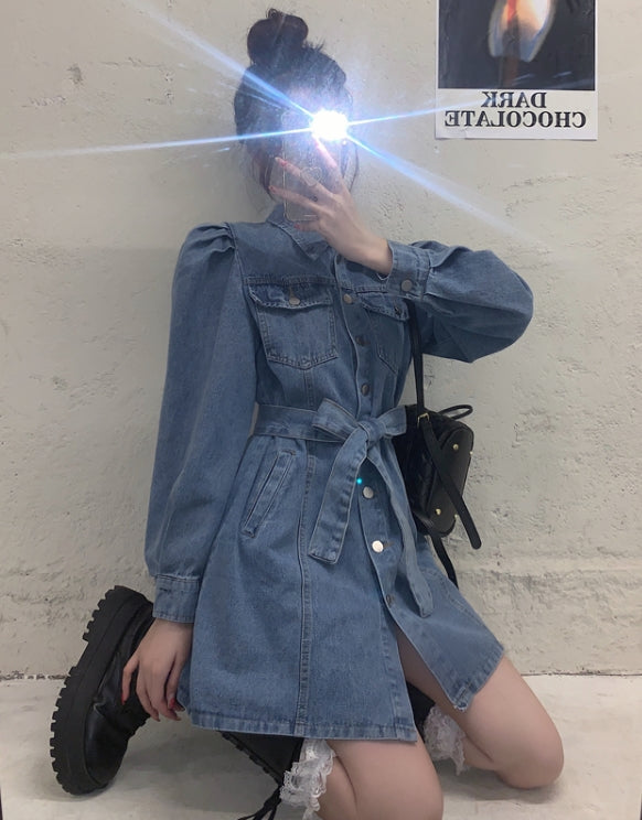 Blue Puff Sleeve Belted Denim Dress