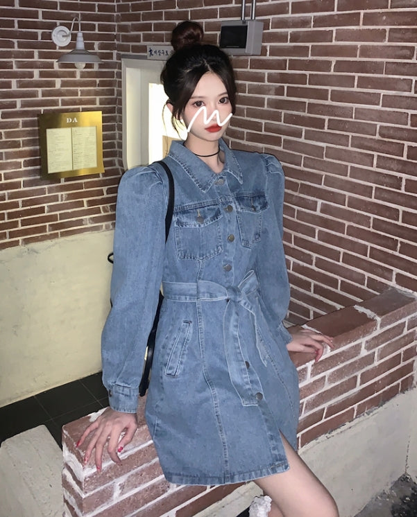 Blue Puff Sleeve Belted Denim Dress