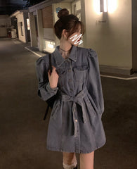 Blue Puff Sleeve Belted Denim Dress