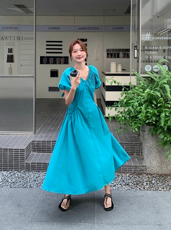 Blue Puff Sleeve V Neck Vacation Dress