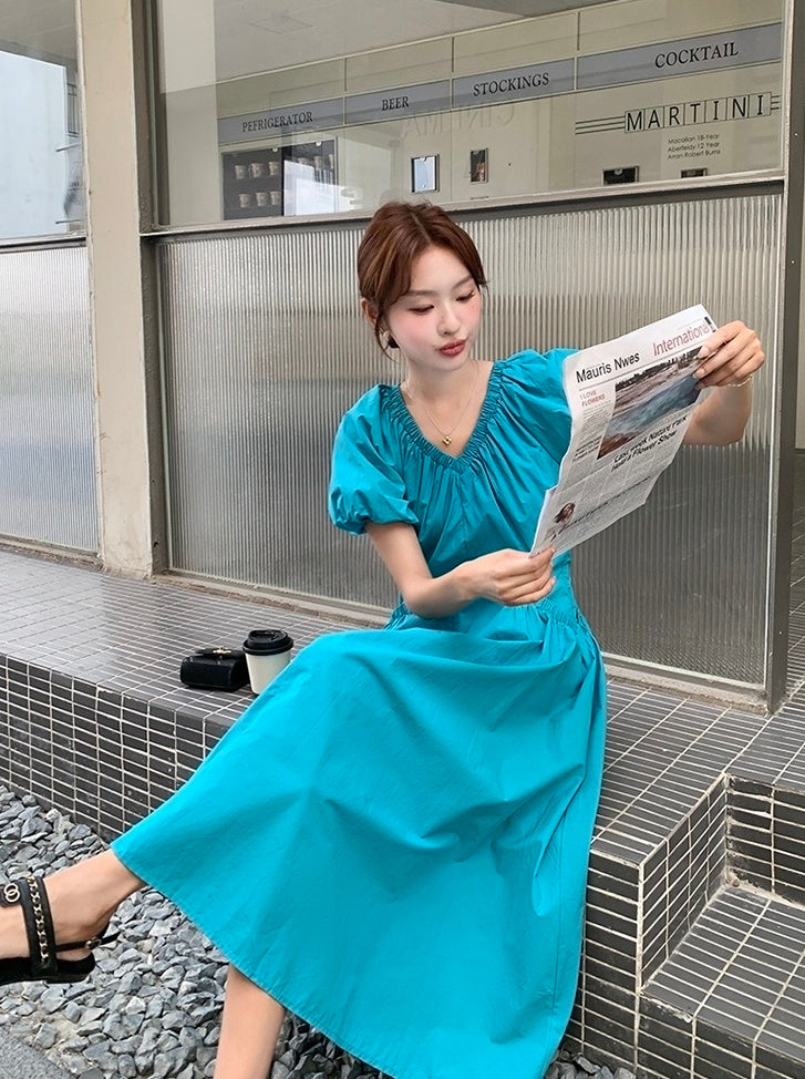 Blue Puff Sleeve V Neck Vacation Dress