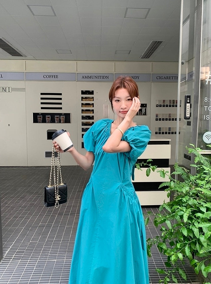 Blue Puff Sleeve V Neck Vacation Dress