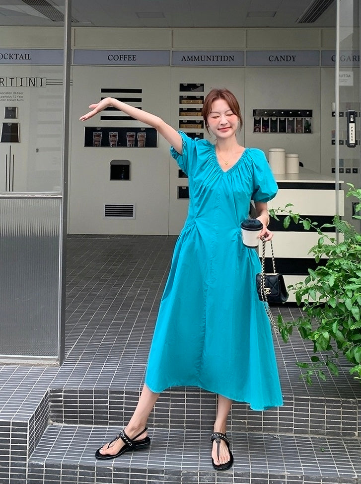 Blue Puff Sleeve V Neck Vacation Dress