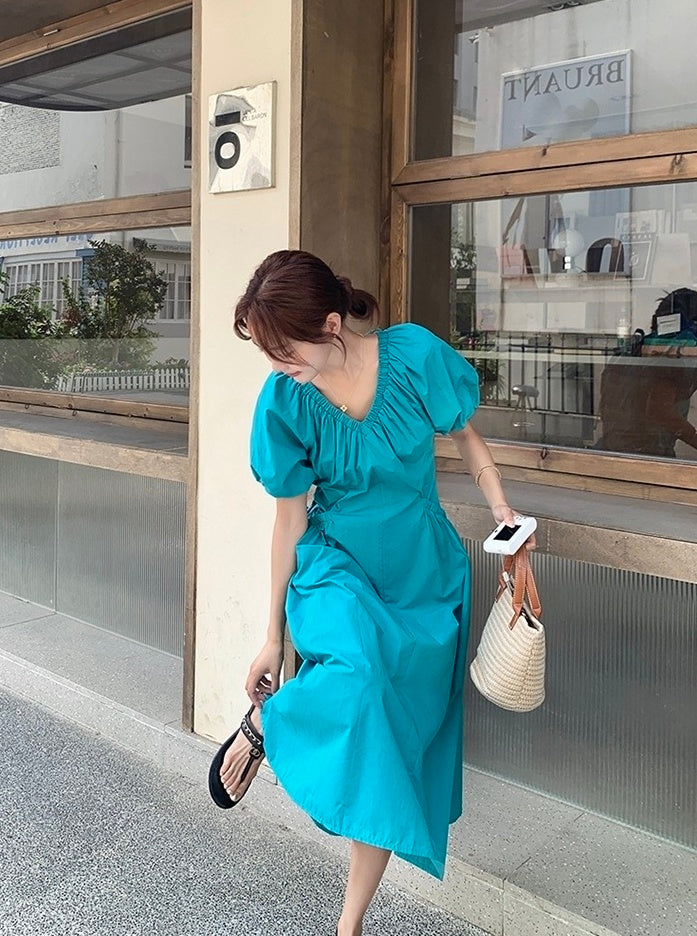 Blue Puff Sleeve V Neck Vacation Dress