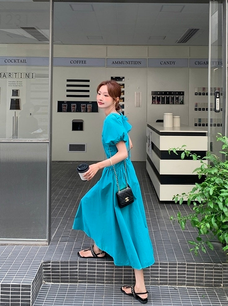 Blue Puff Sleeve V Neck Vacation Dress