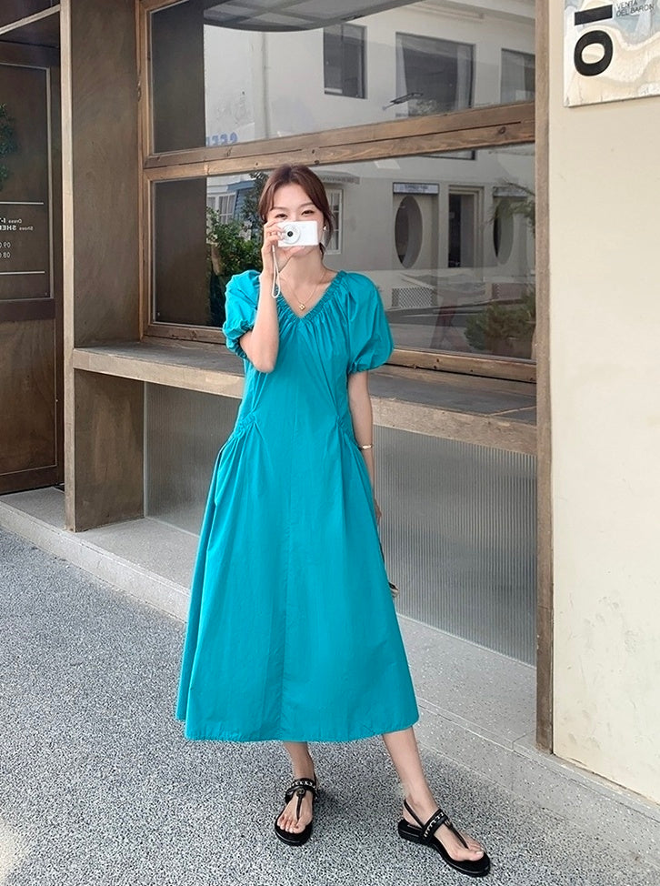 Blue Puff Sleeve V Neck Vacation Dress