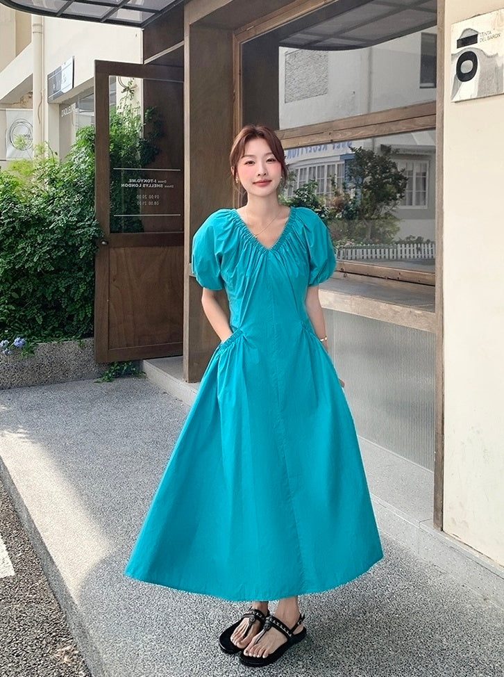 Blue Puff Sleeve V Neck Vacation Dress
