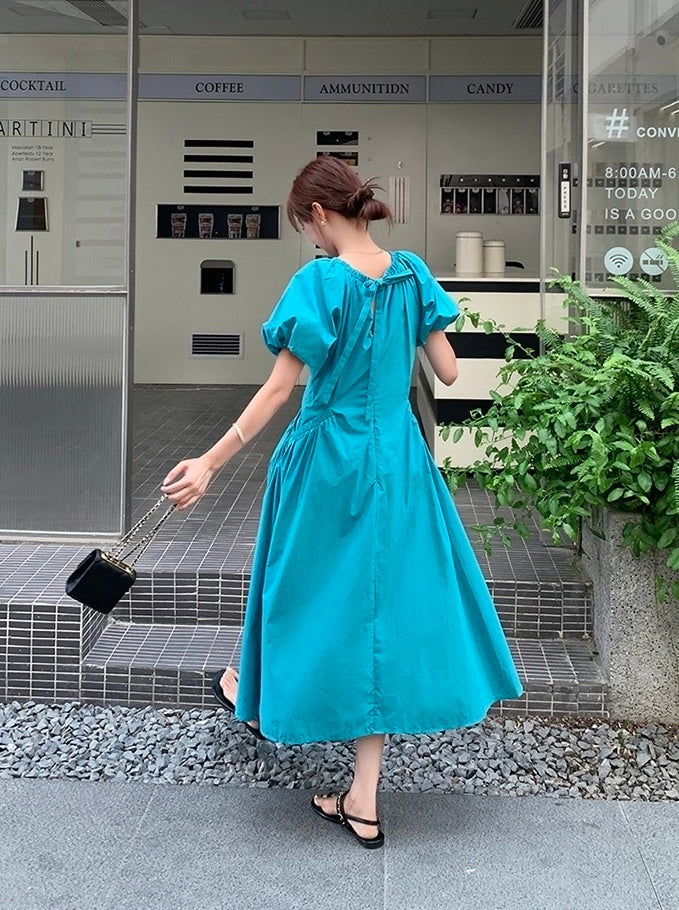 Blue Puff Sleeve V Neck Vacation Dress