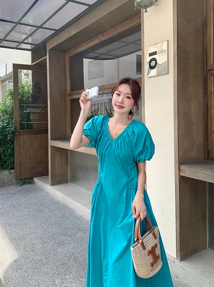 Blue Puff Sleeve V Neck Vacation Dress