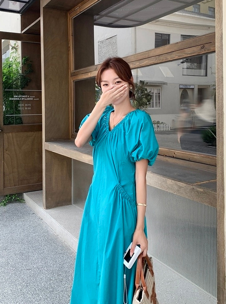 Blue Puff Sleeve V Neck Vacation Dress