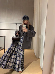 Blue Ragged Plaid Midi Skirt
