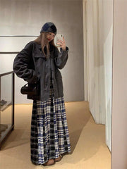 Blue Ragged Plaid Midi Skirt
