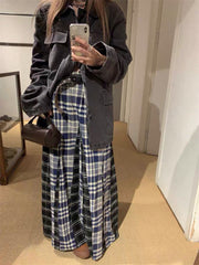 Blue Ragged Plaid Midi Skirt