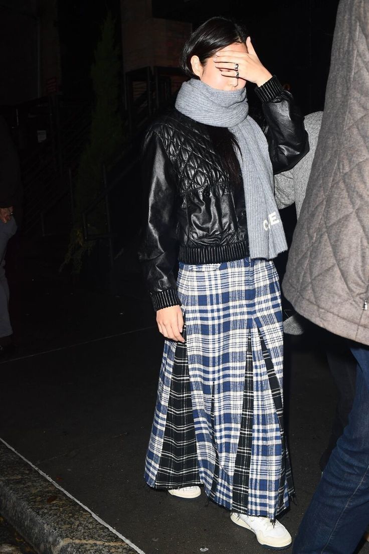 Blue Ragged Plaid Midi Skirt