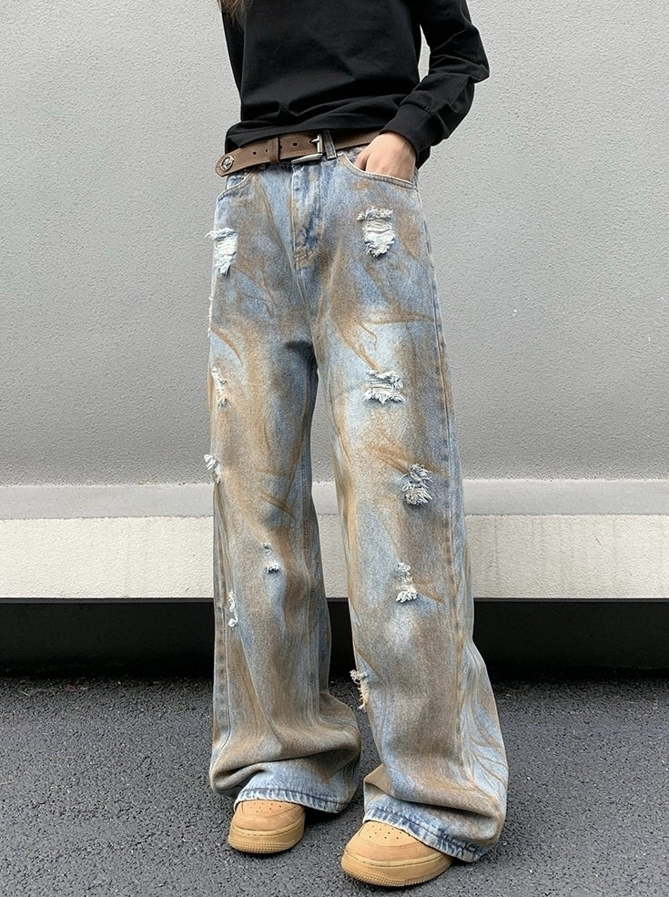 Blue Ragged Style Loose Jeans