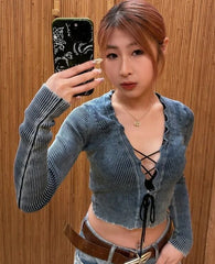 Blue Ribbed Lace Up Top
