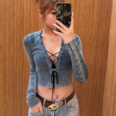 Blue Ribbed Lace Up Top