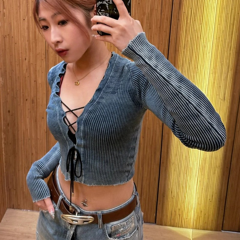 Blue Ribbed Lace Up Top