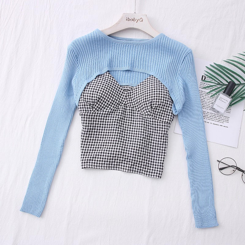 Blue Ribbed Short Sweater