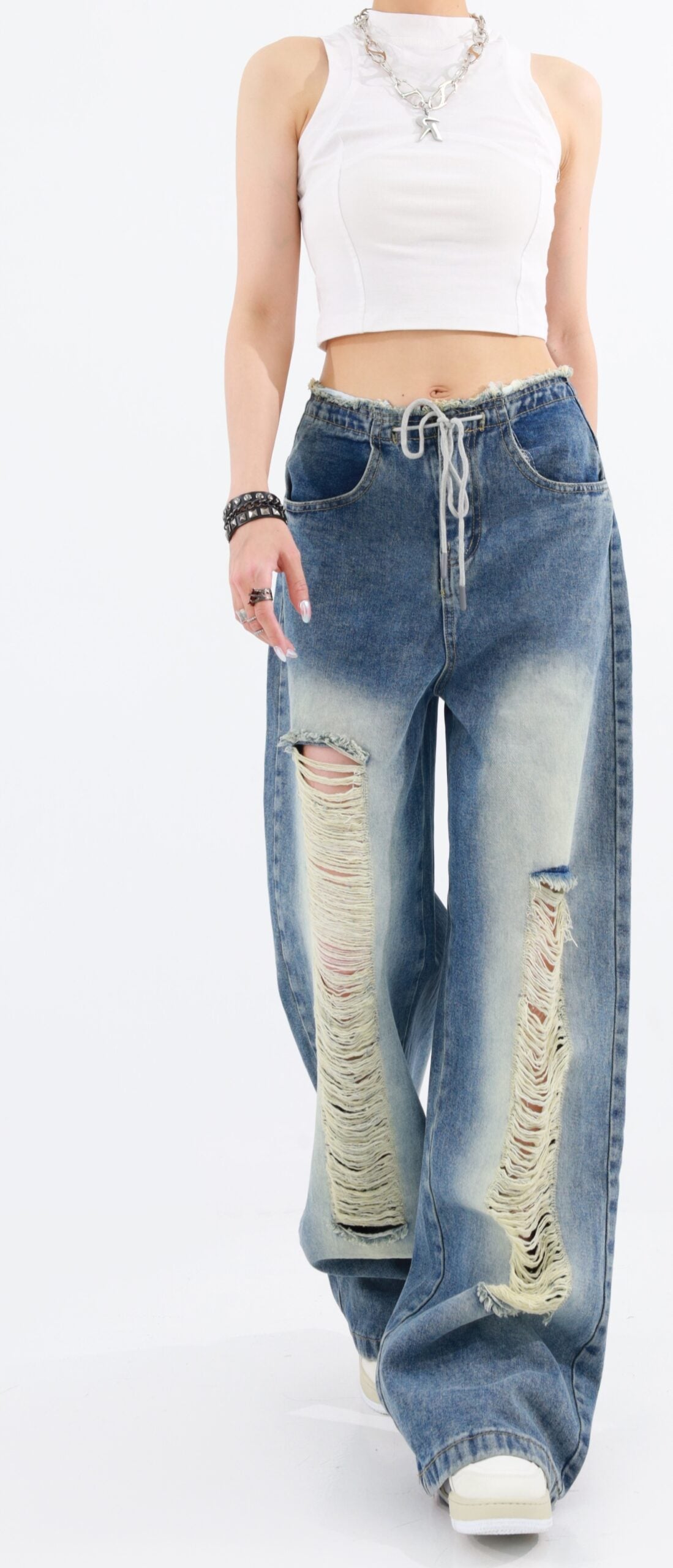 Blue Drawstring Distressed Jeans
