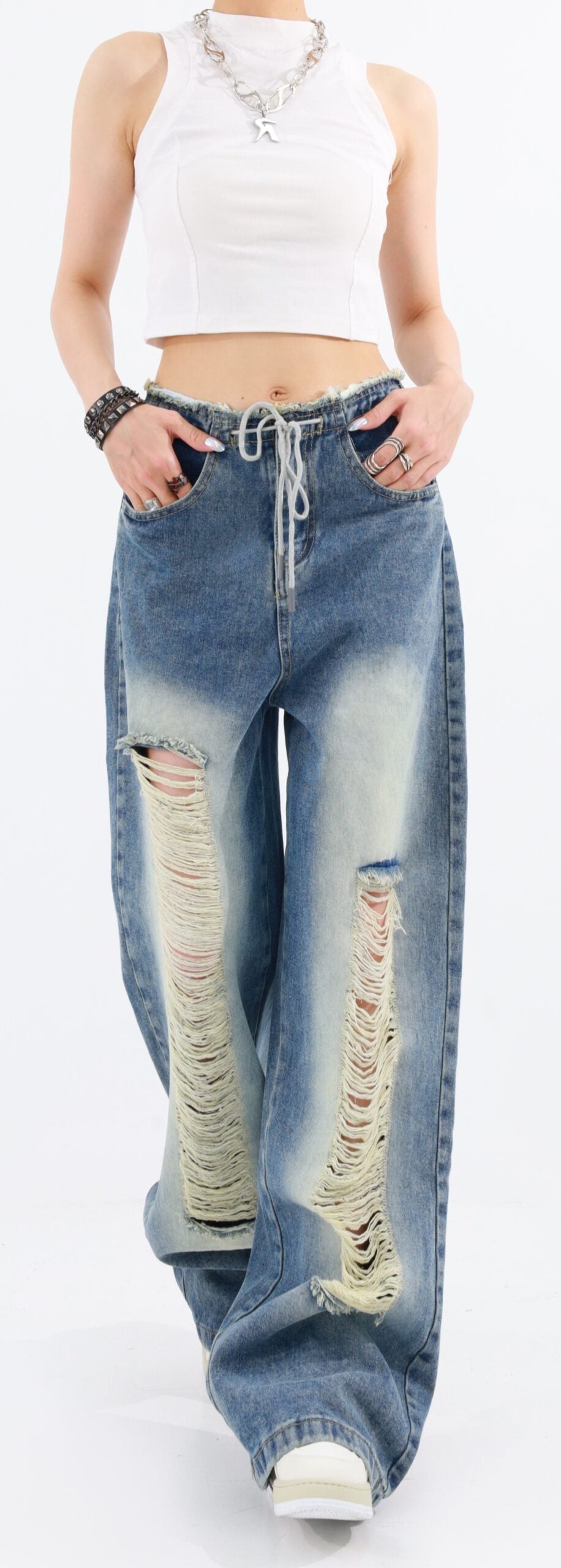 Blue Drawstring Distressed Jeans