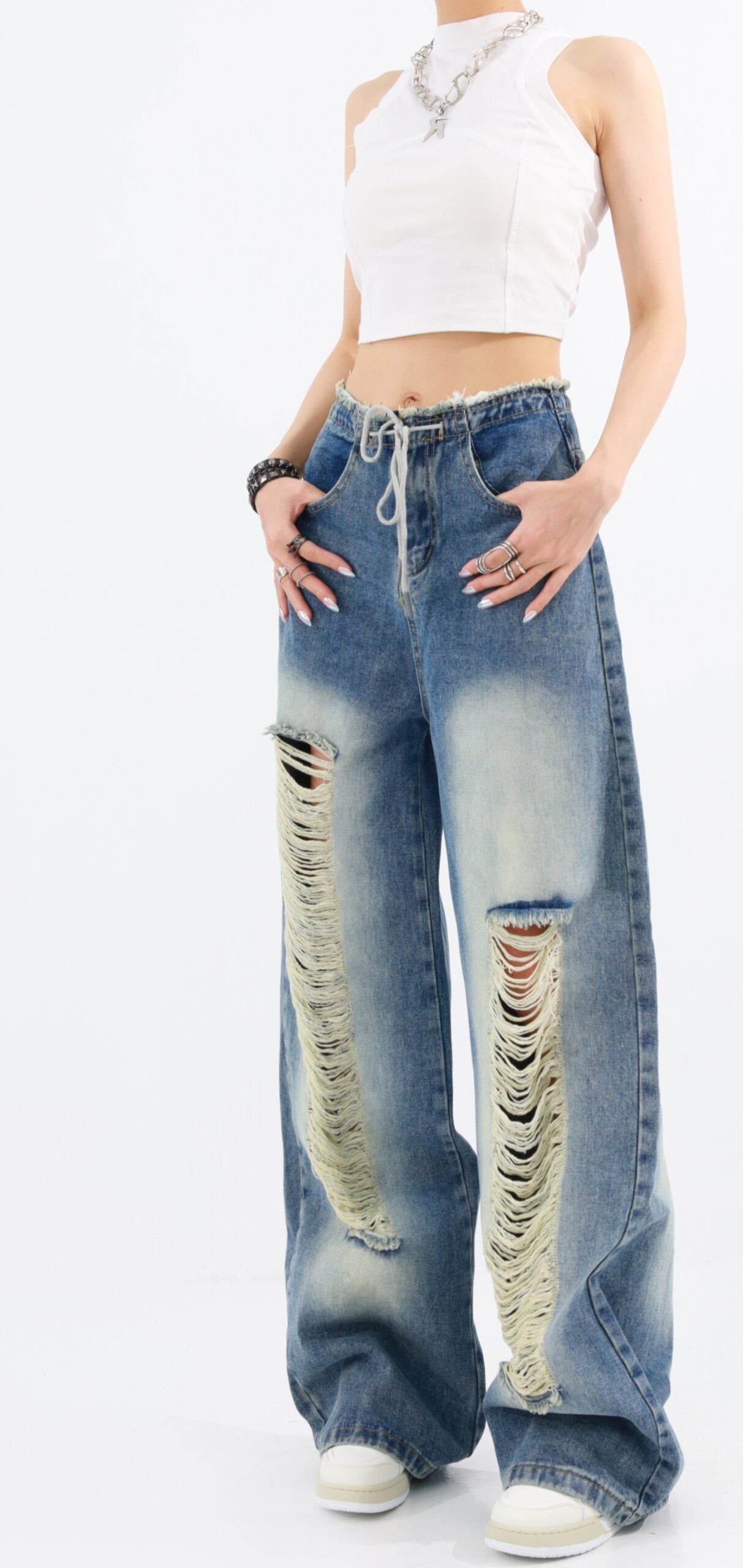 Blue Drawstring Distressed Jeans