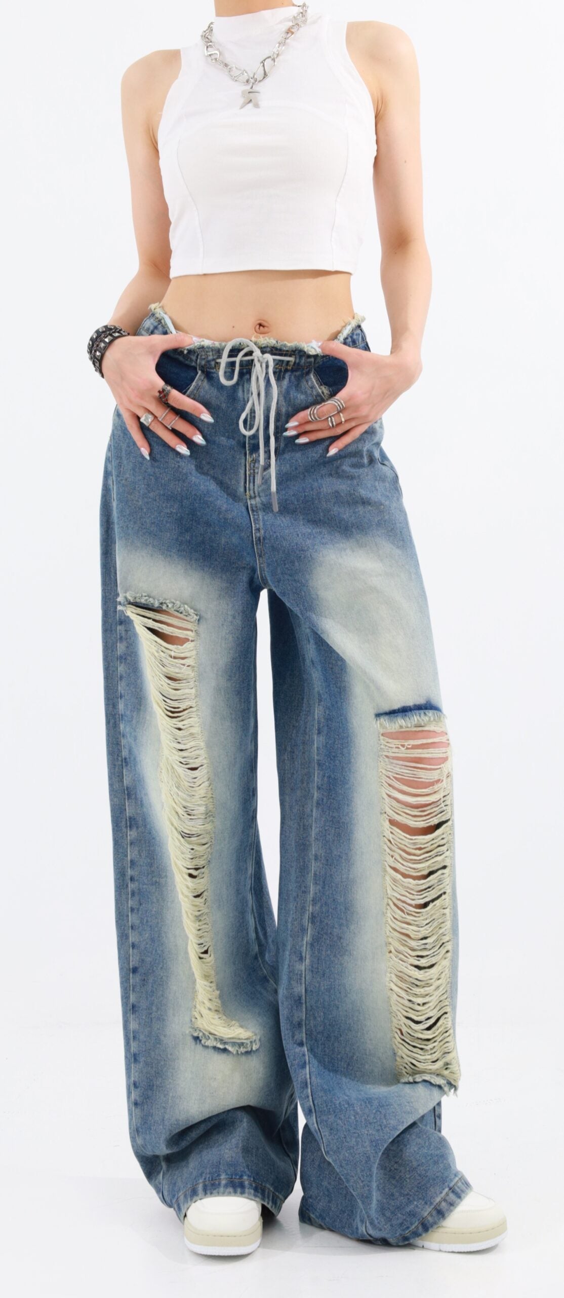 Blue Drawstring Distressed Jeans
