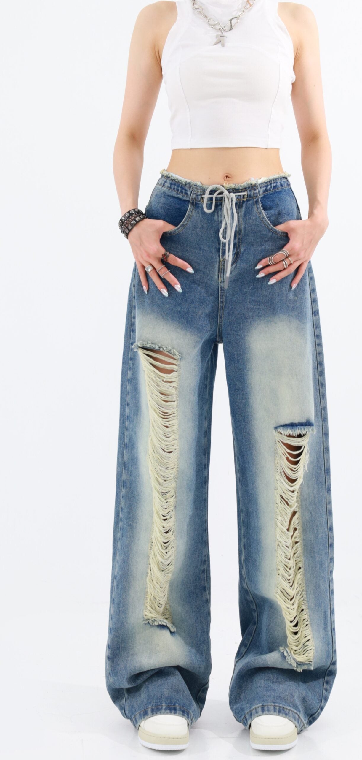 Blue Drawstring Distressed Jeans