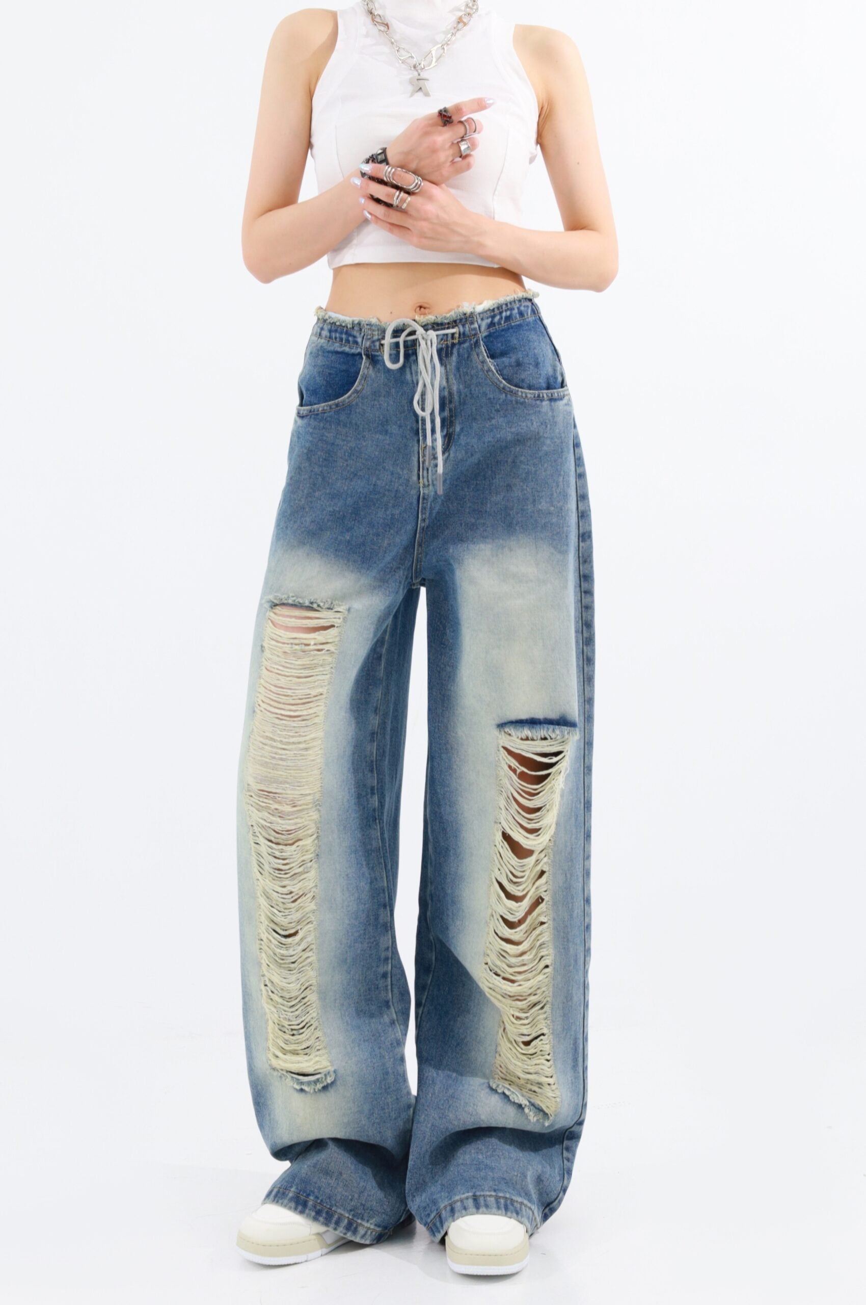 Blue Drawstring Distressed Jeans