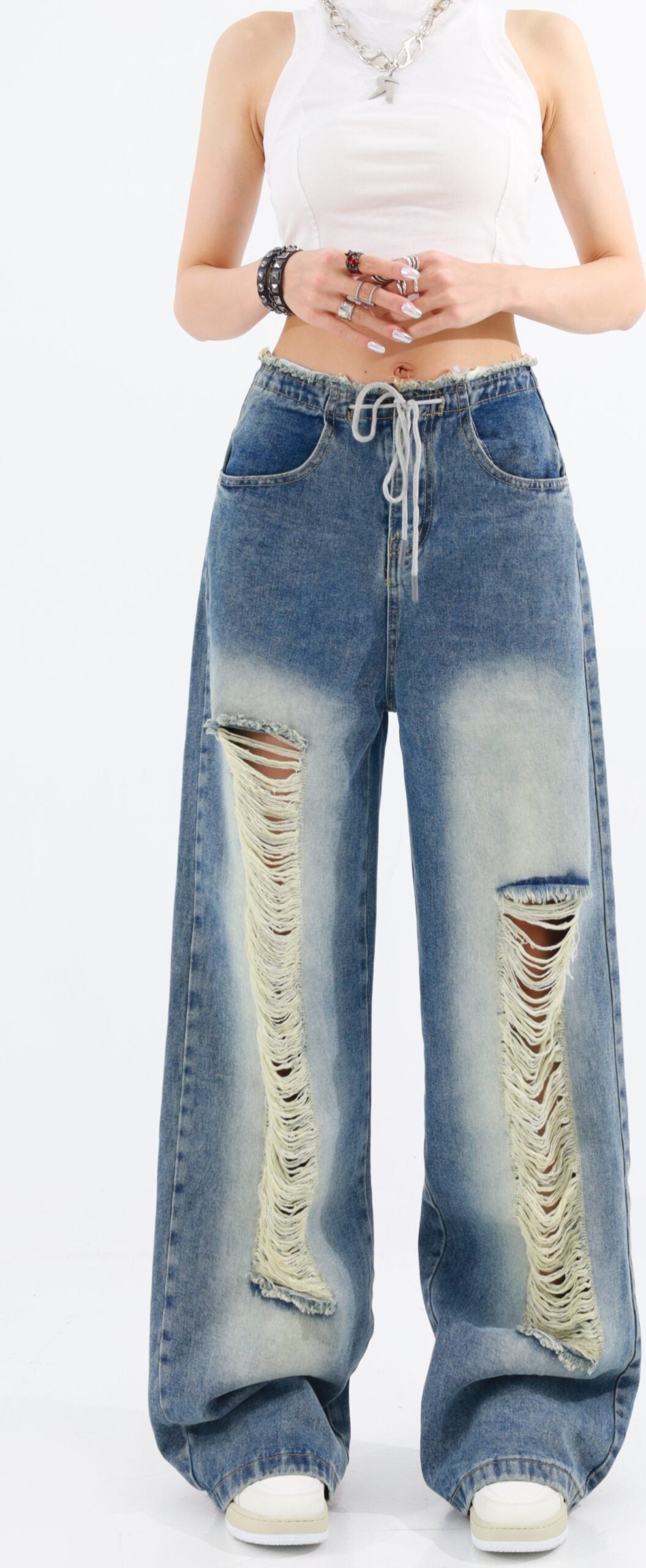 Blue Drawstring Distressed Jeans