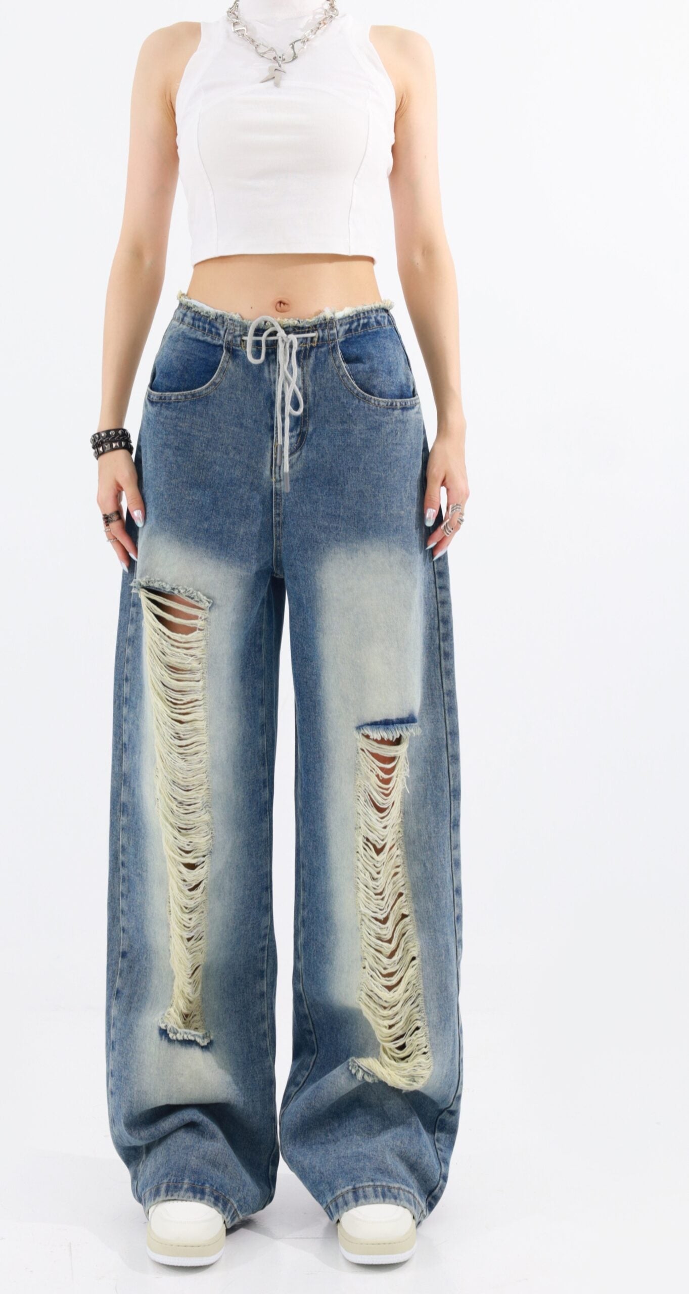 Blue Drawstring Distressed Jeans