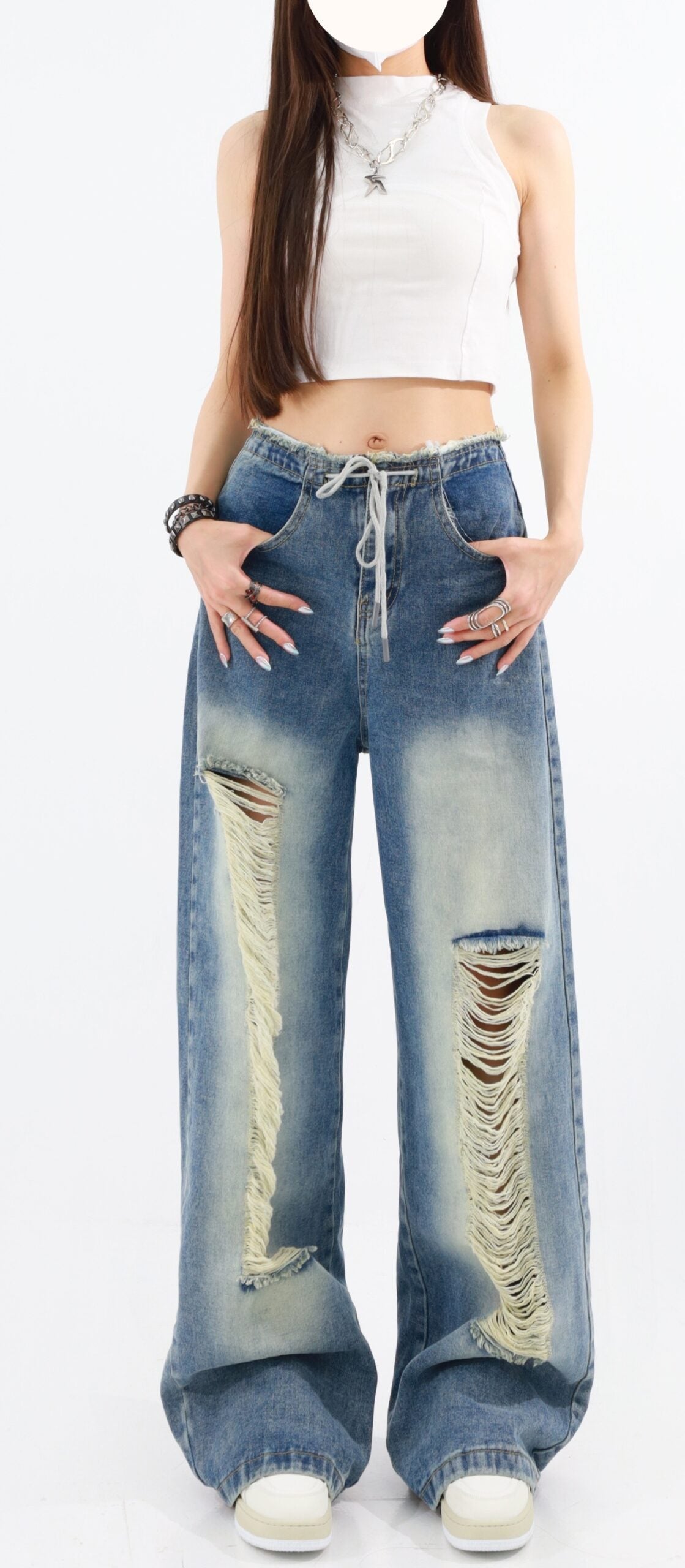 Blue Drawstring Distressed Jeans