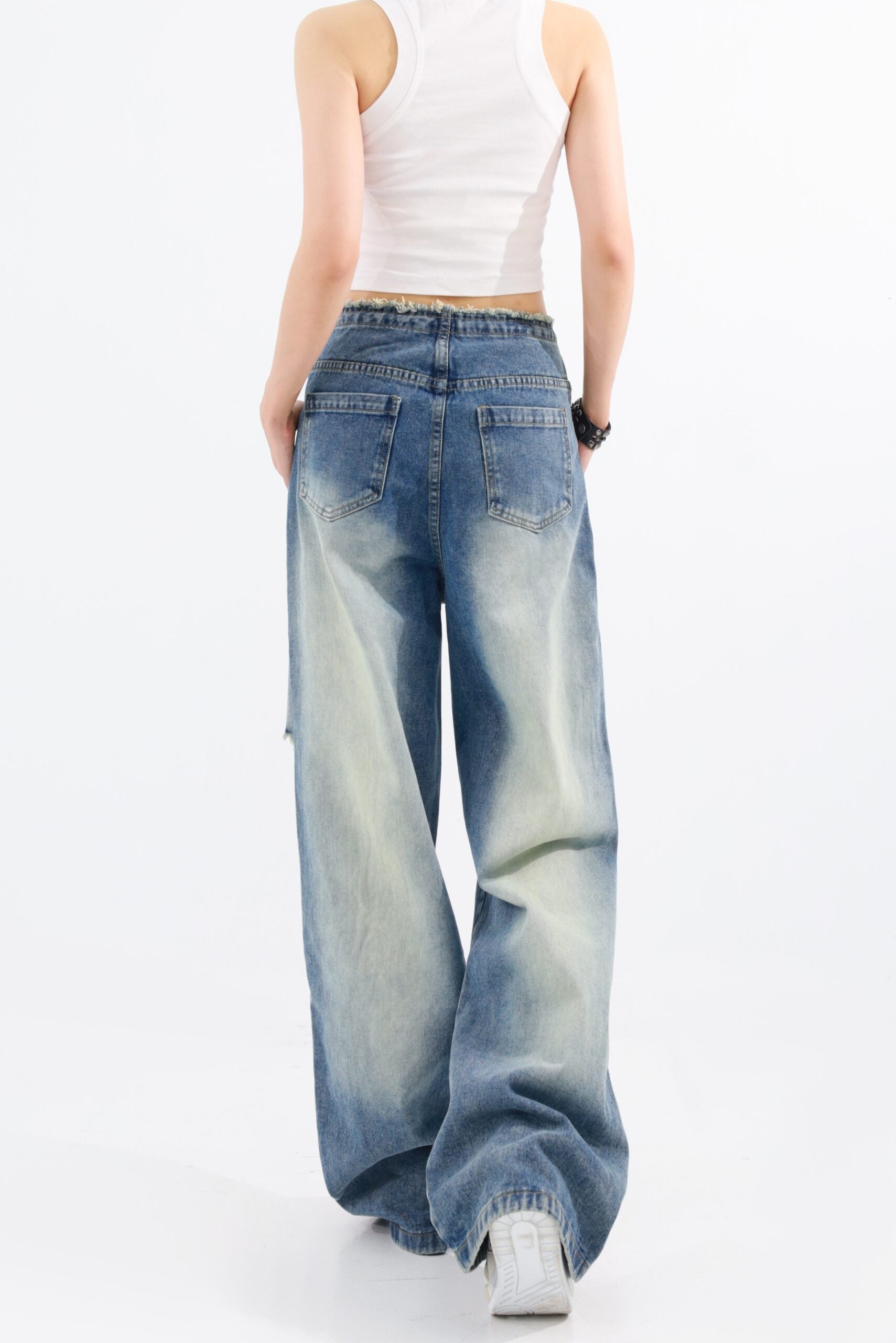 Blue Drawstring Distressed Jeans
