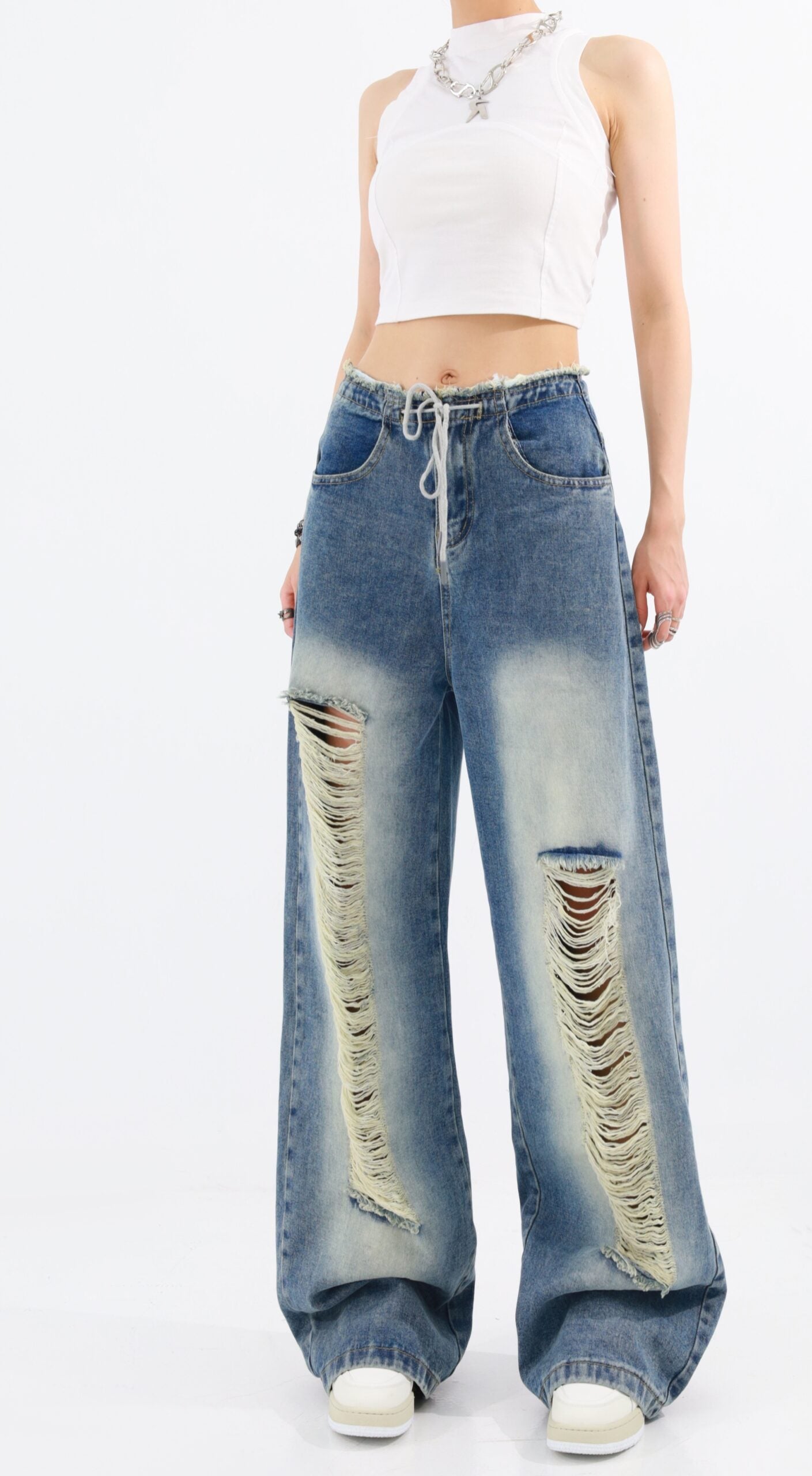 Blue Drawstring Distressed Jeans
