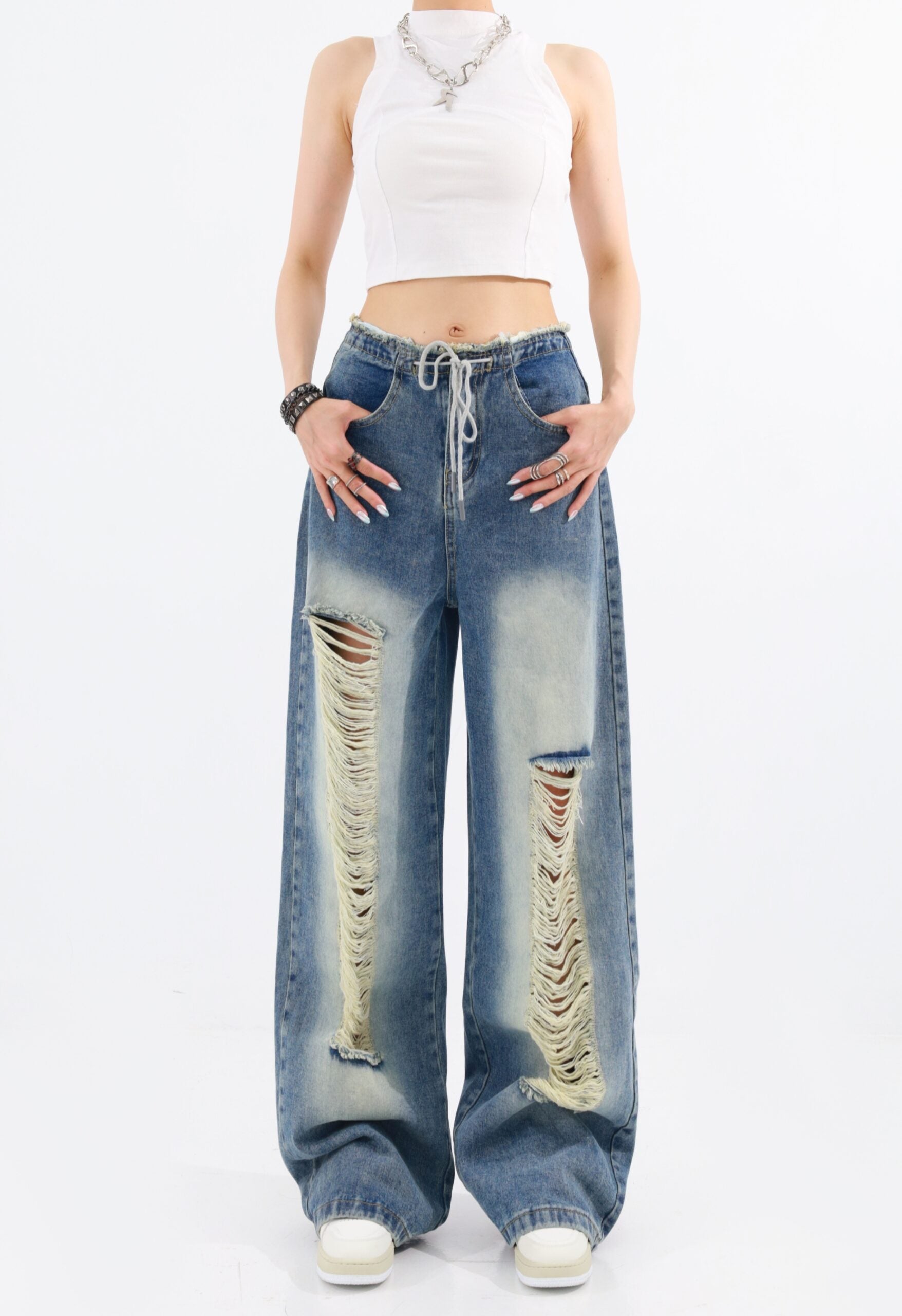 Blue Drawstring Distressed Jeans