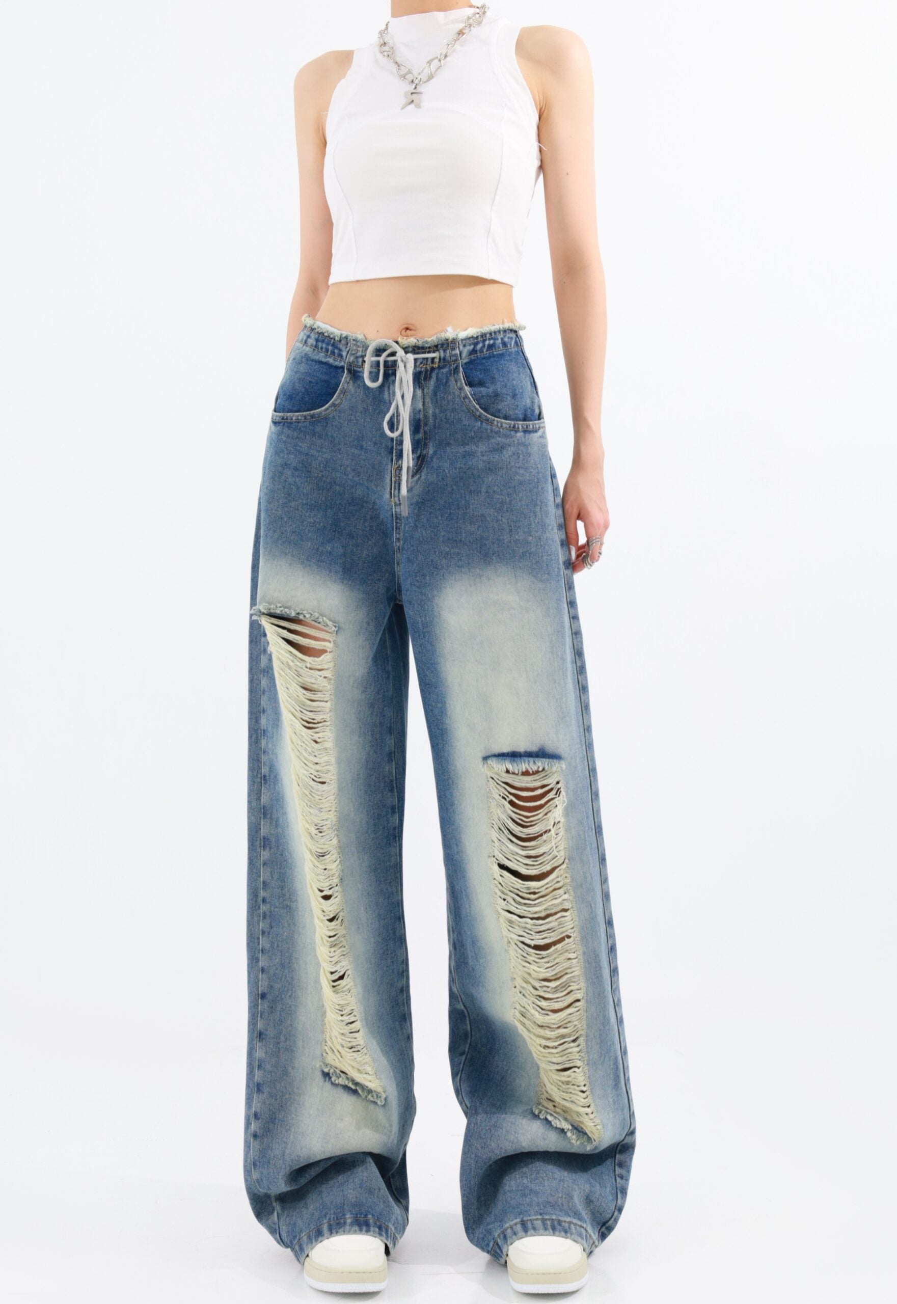 Blue Drawstring Distressed Jeans
