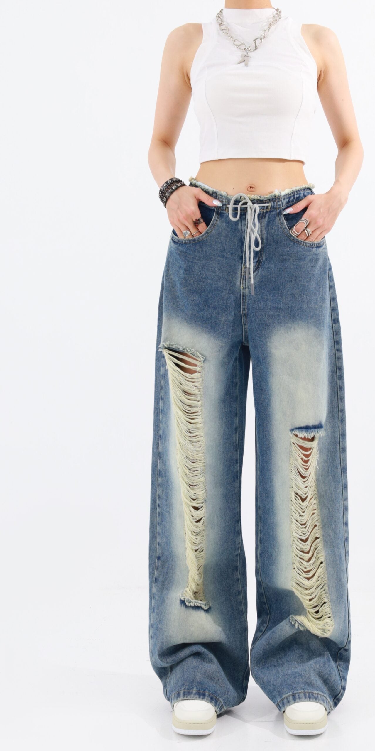 Blue Drawstring Distressed Jeans
