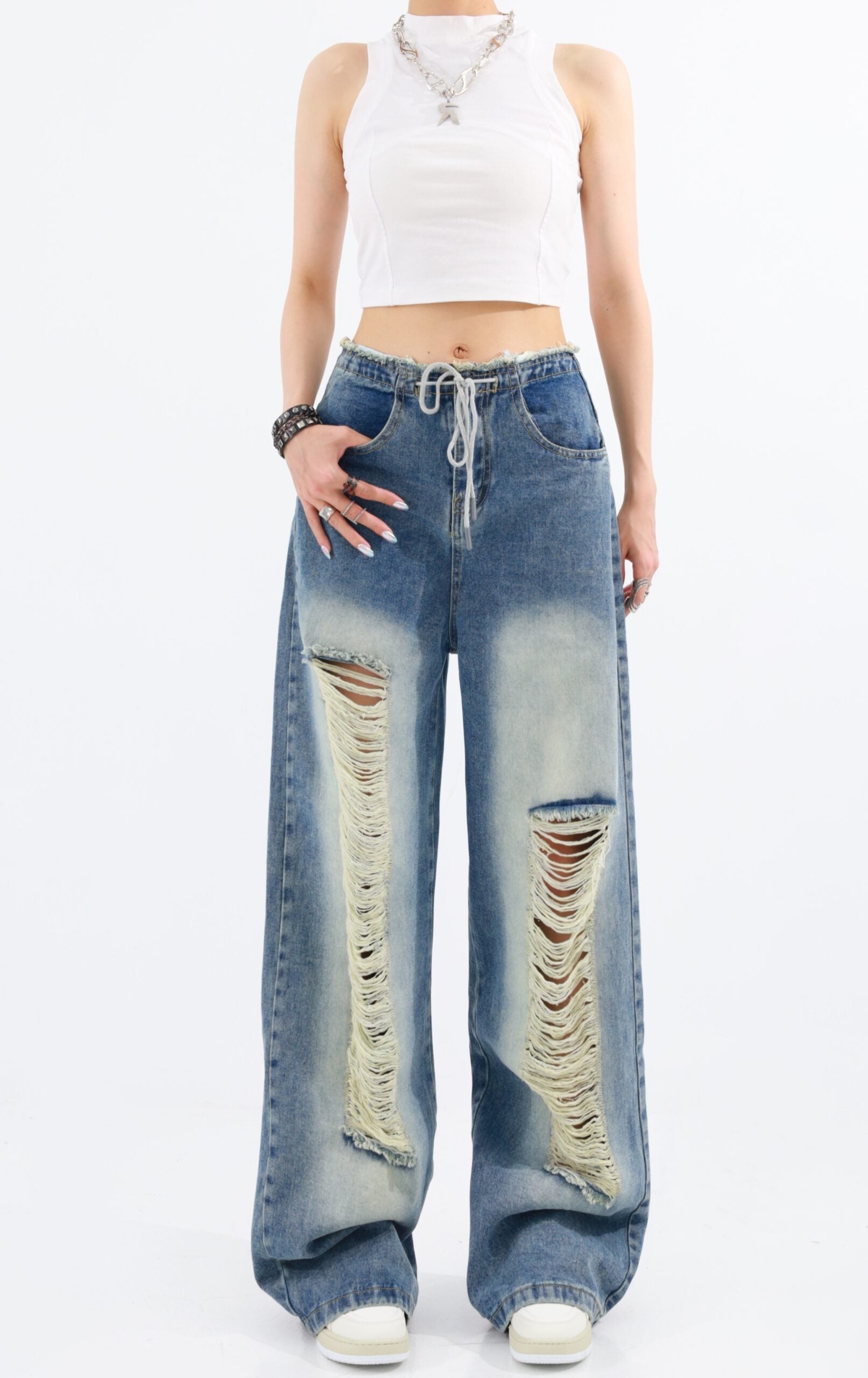 Blue Drawstring Distressed Jeans