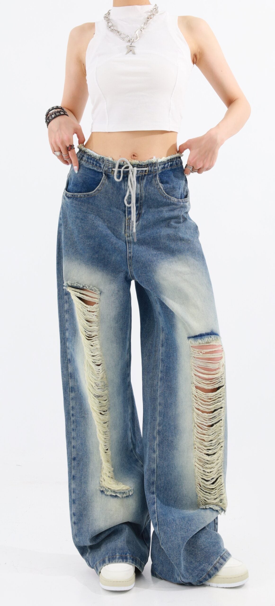 Blue Drawstring Distressed Jeans